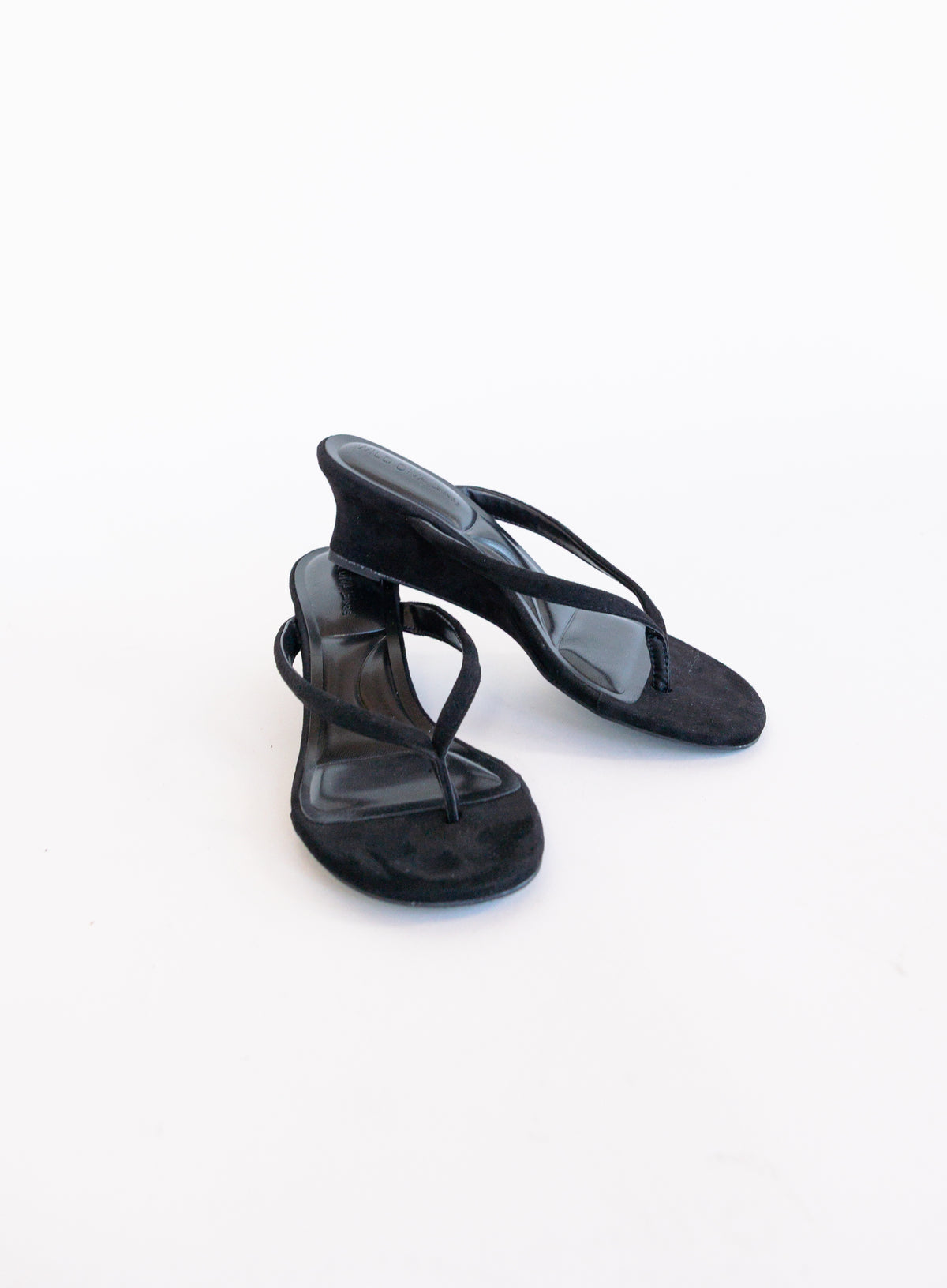 Sutton Suede Kitten Wedges in Black, black suede thong mules on a low kitten wedge