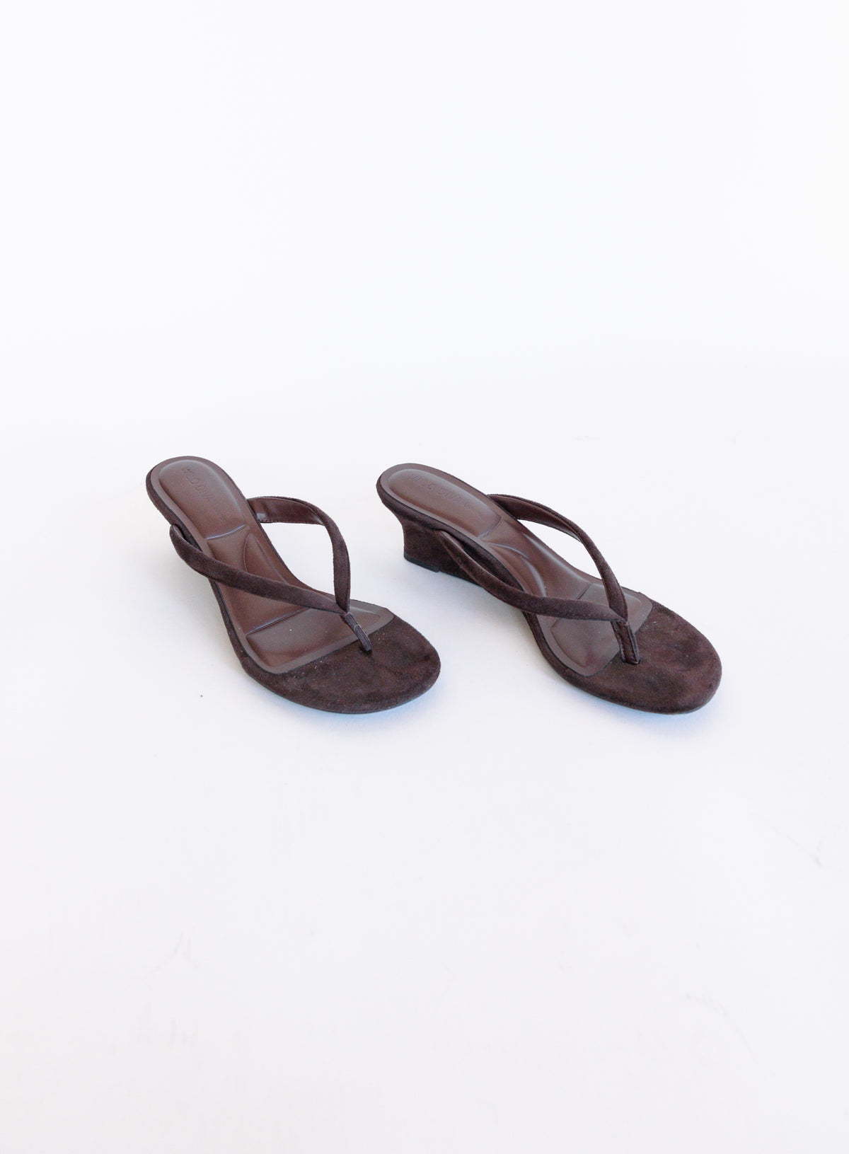 Sutton Suede Kitten Wedges in Brown, brown suede thong mules on a low kitten wedge