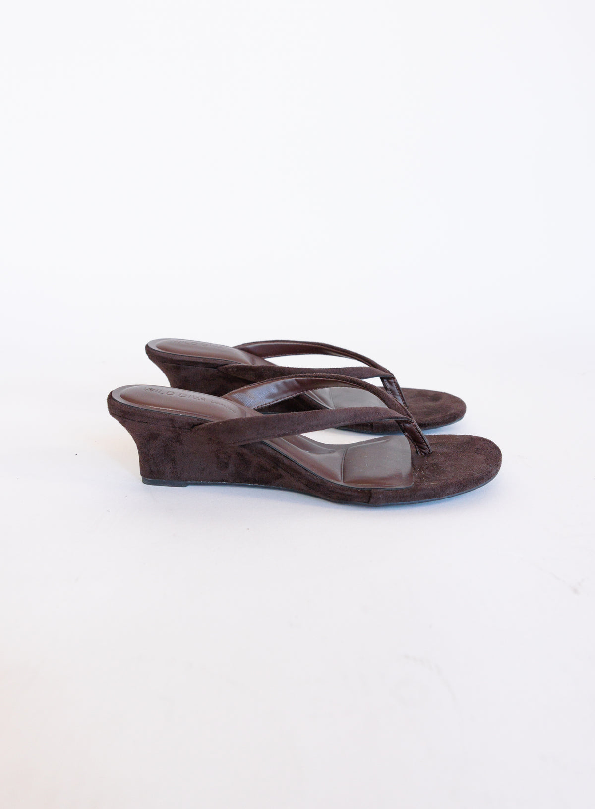 Sutton Suede Kitten Wedges in Brown, brown suede thong mules on a low kitten wedge