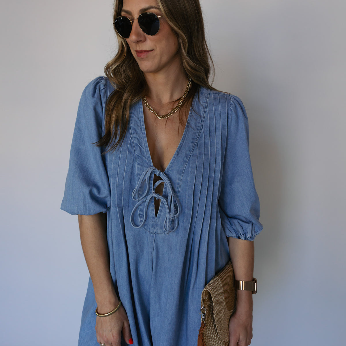 Dark Acid Wash Pleated Relaxed Denim Romper