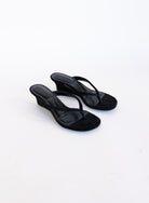 Sutton Suede Kitten Wedges in Black, black suede thong mules on a low kitten wedge