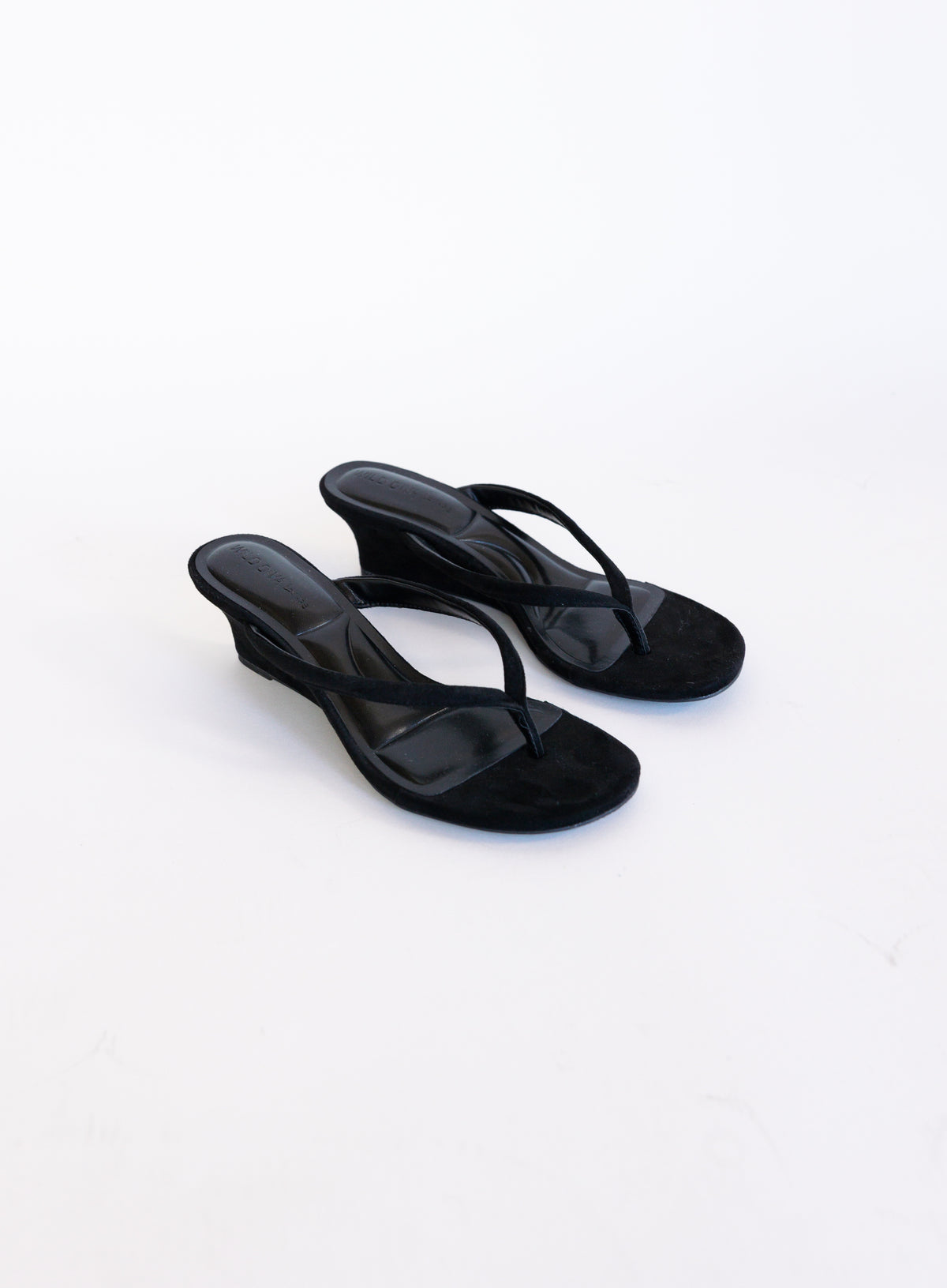 Sutton Suede Kitten Wedges in Black, black suede thong mules on a low kitten wedge