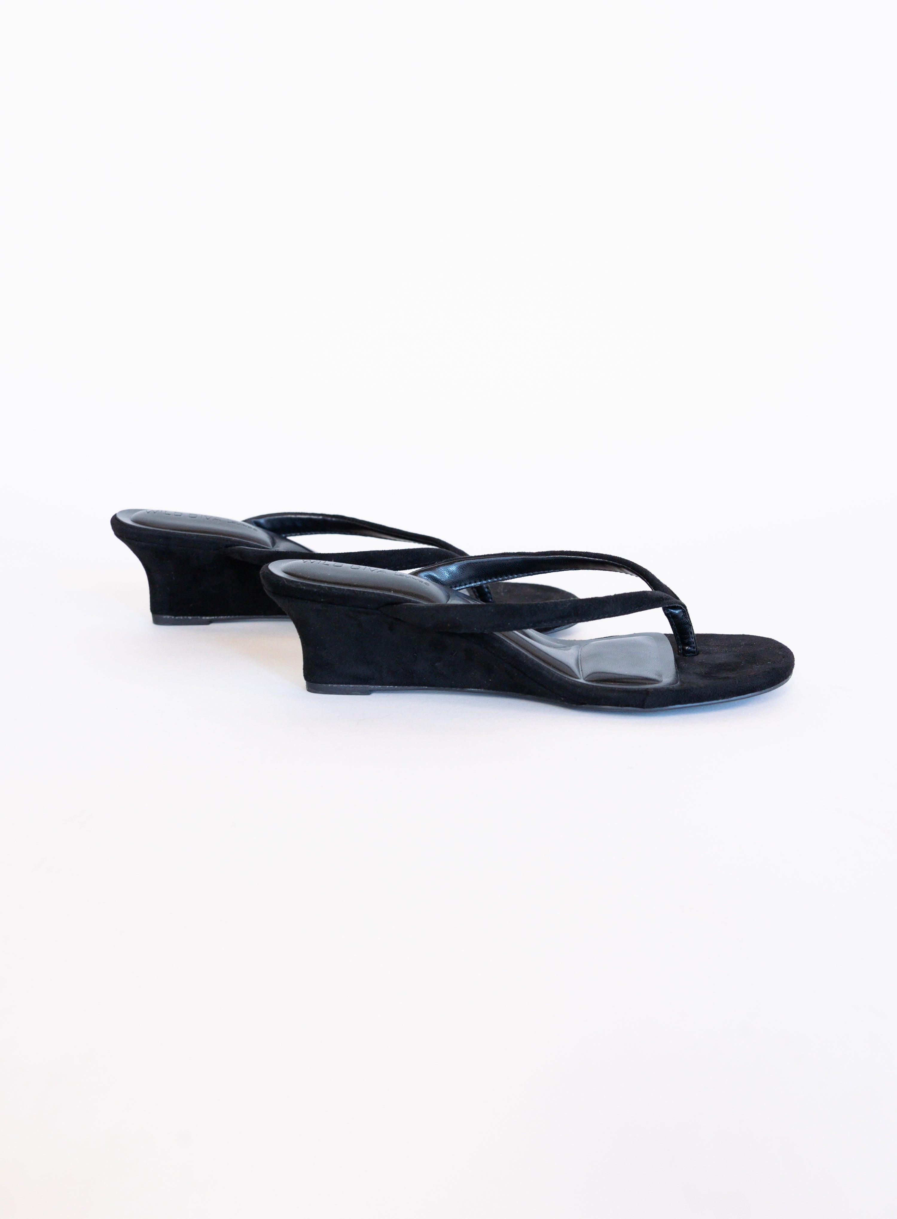 Sutton Suede Kitten Wedges in Black, black suede thong mules on a low kitten wedge