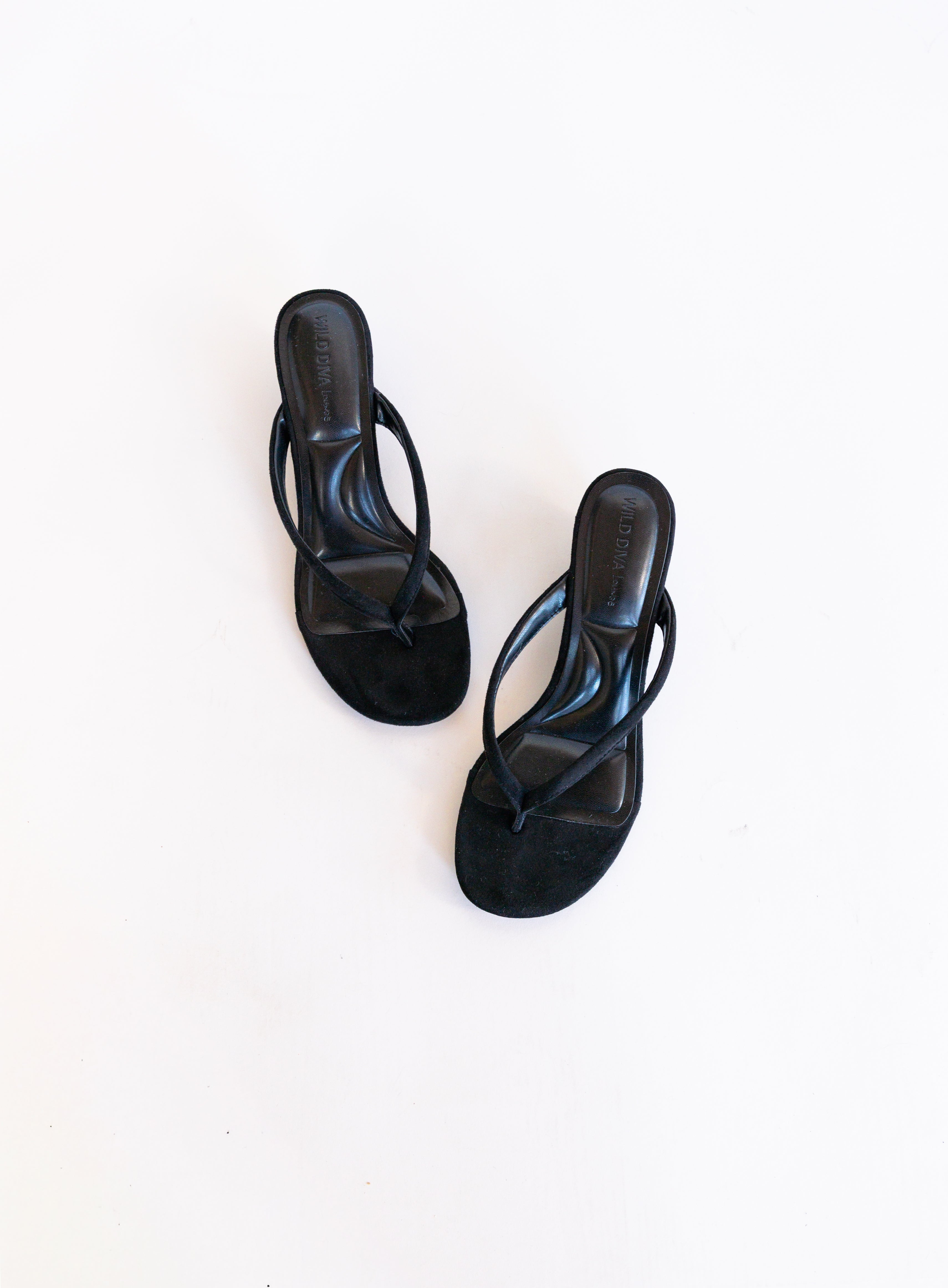 Sutton Suede Kitten Wedges in Black, black suede thong mules on a low kitten wedge
