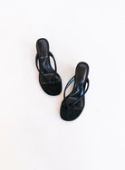 Sutton Suede Kitten Wedges in Black, black suede thong mules on a low kitten wedge
