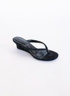 Sutton Suede Kitten Wedges in Black, black suede thong mules on a low kitten wedge