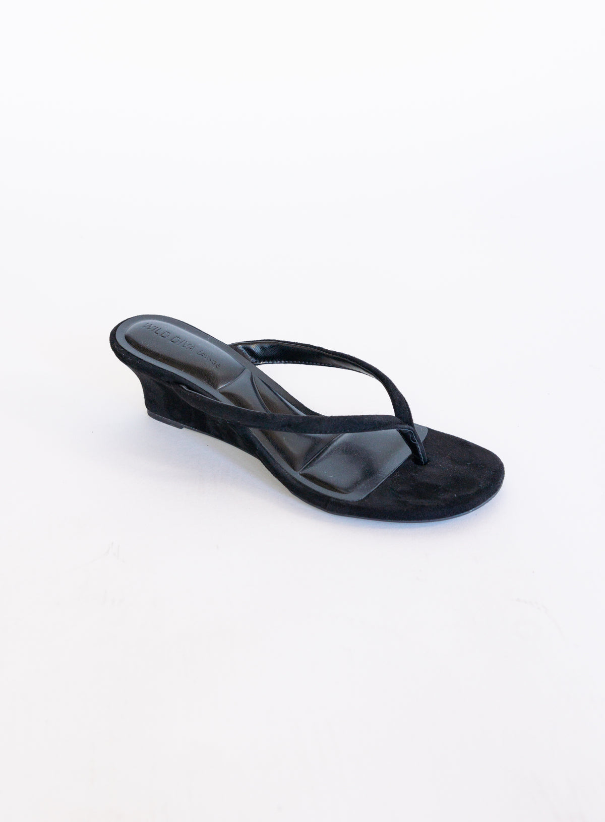 Sutton Suede Kitten Wedges in Black, black suede thong mules on a low kitten wedge