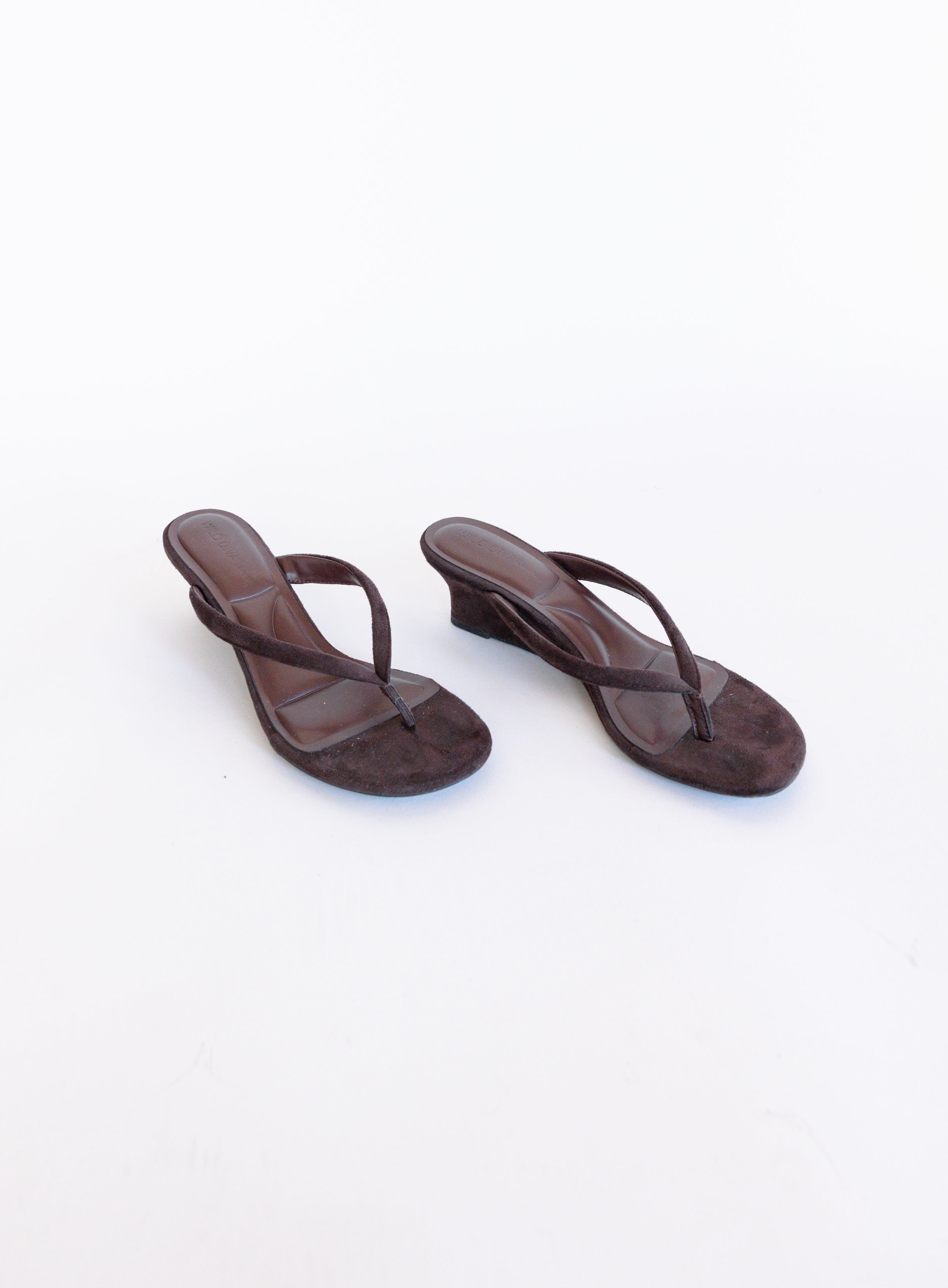 Sutton Suede Kitten Wedges in Brown, brown suede thong mules on a low kitten wedge