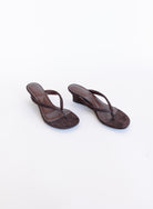 Sutton Suede Kitten Wedges in Brown, brown suede thong mules on a low kitten wedge