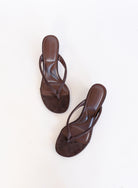 Sutton Suede Kitten Wedges in Brown, brown suede thong mules on a low kitten wedge