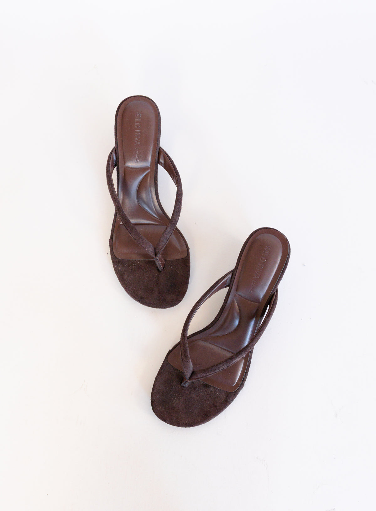 Sutton Suede Kitten Wedges in Brown, brown suede thong mules on a low kitten wedge