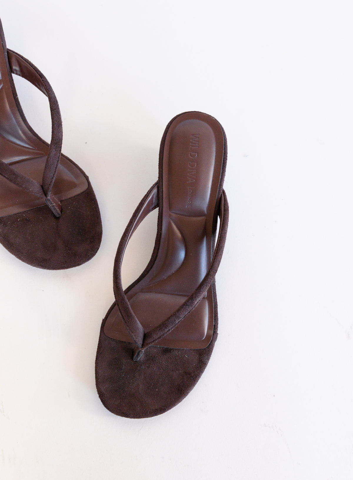Sutton Suede Kitten Wedges in Brown, brown suede thong mules on a low kitten wedge