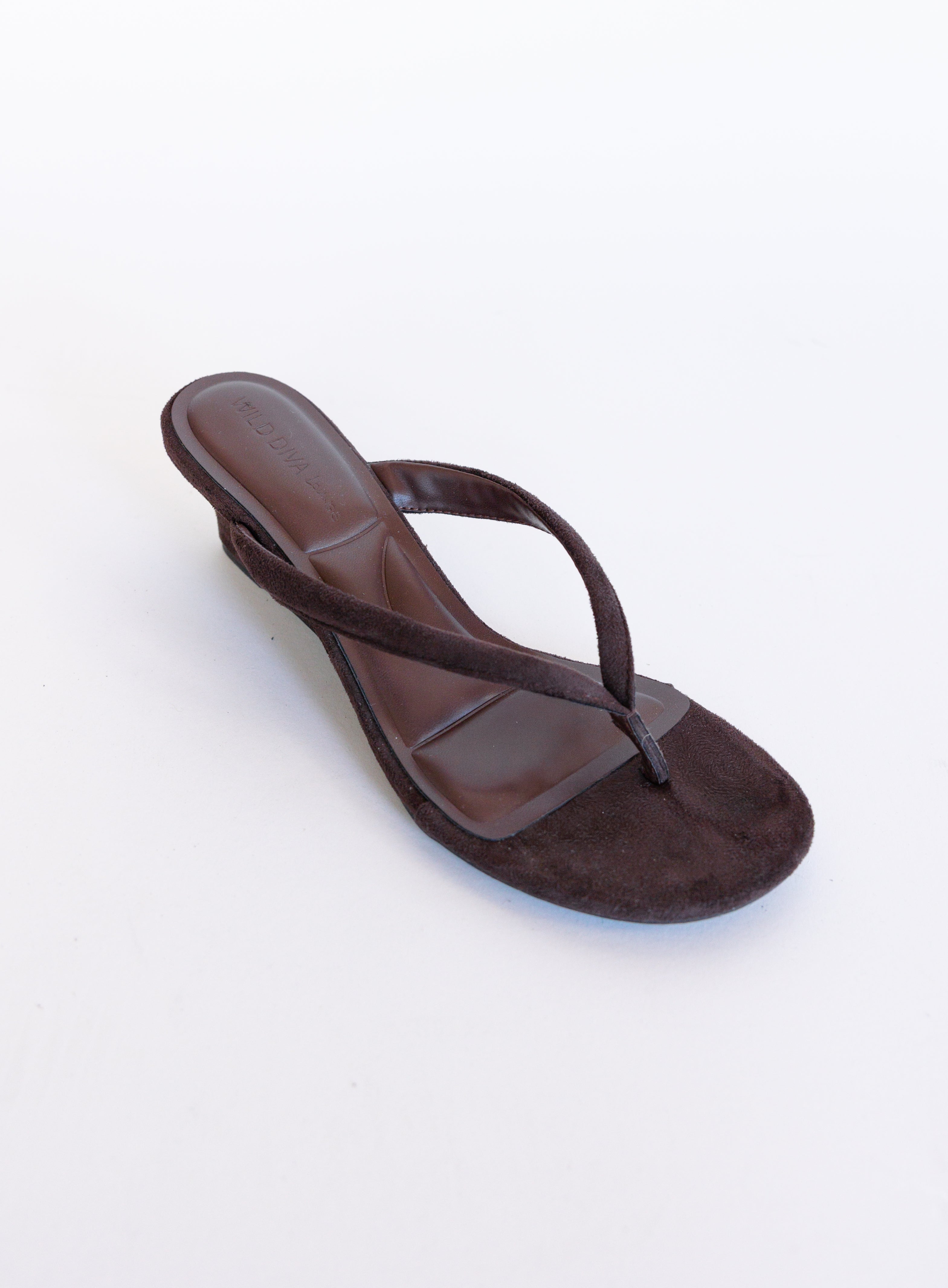 Sutton Suede Kitten Wedges in Brown, brown suede thong mules on a low kitten wedge