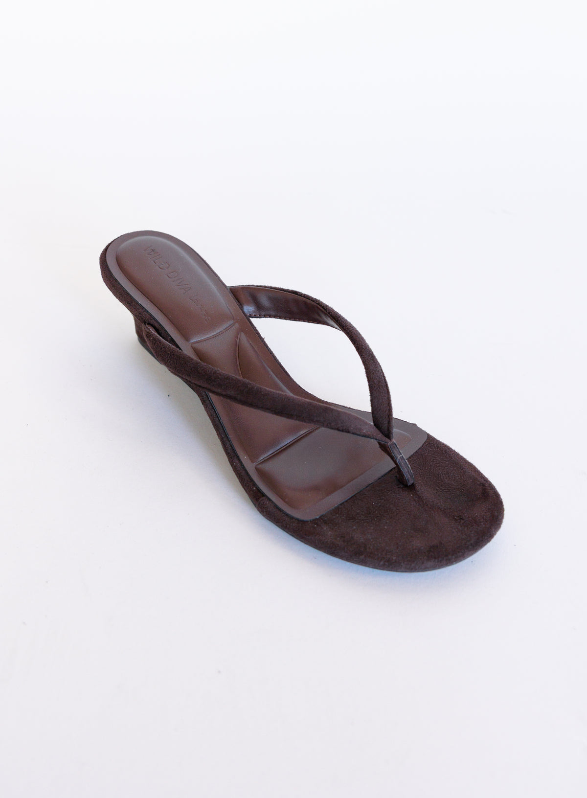 Sutton Suede Kitten Wedges in Brown, brown suede thong mules on a low kitten wedge