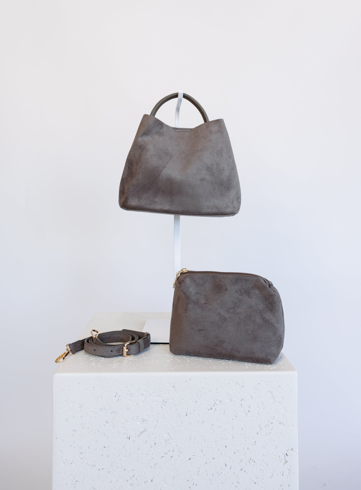Lucia Bag in Taupe, a slouchy suede hobo bag with a rounded top handle