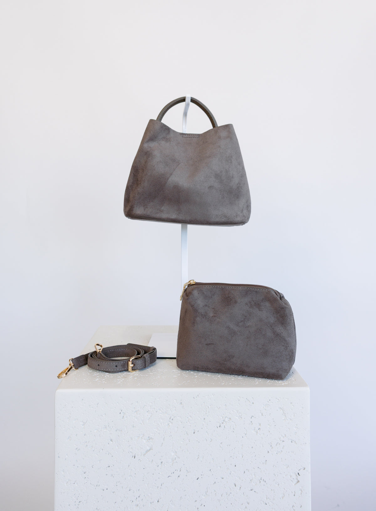 Lucia Bag in Taupe, a slouchy suede hobo bag with a rounded top handle