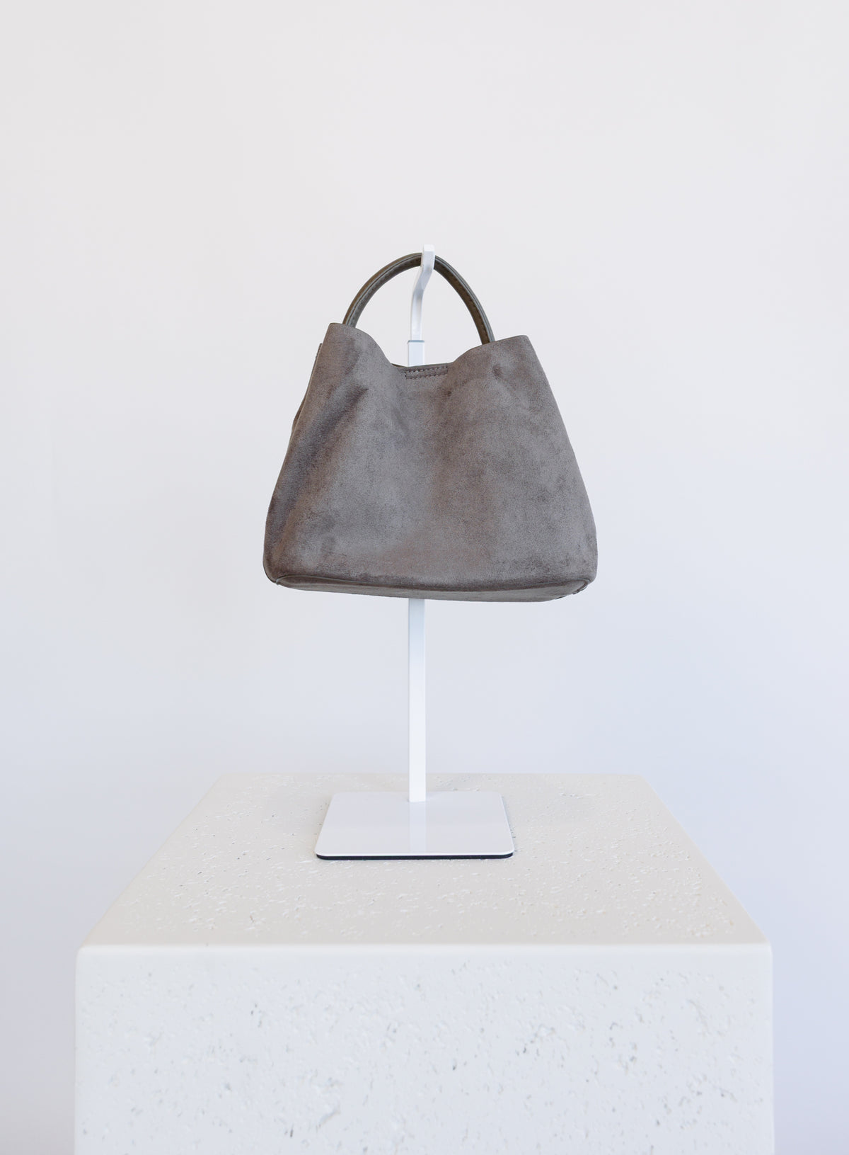 Lucia Bag in Taupe, a slouchy suede hobo bag with a rounded top handle