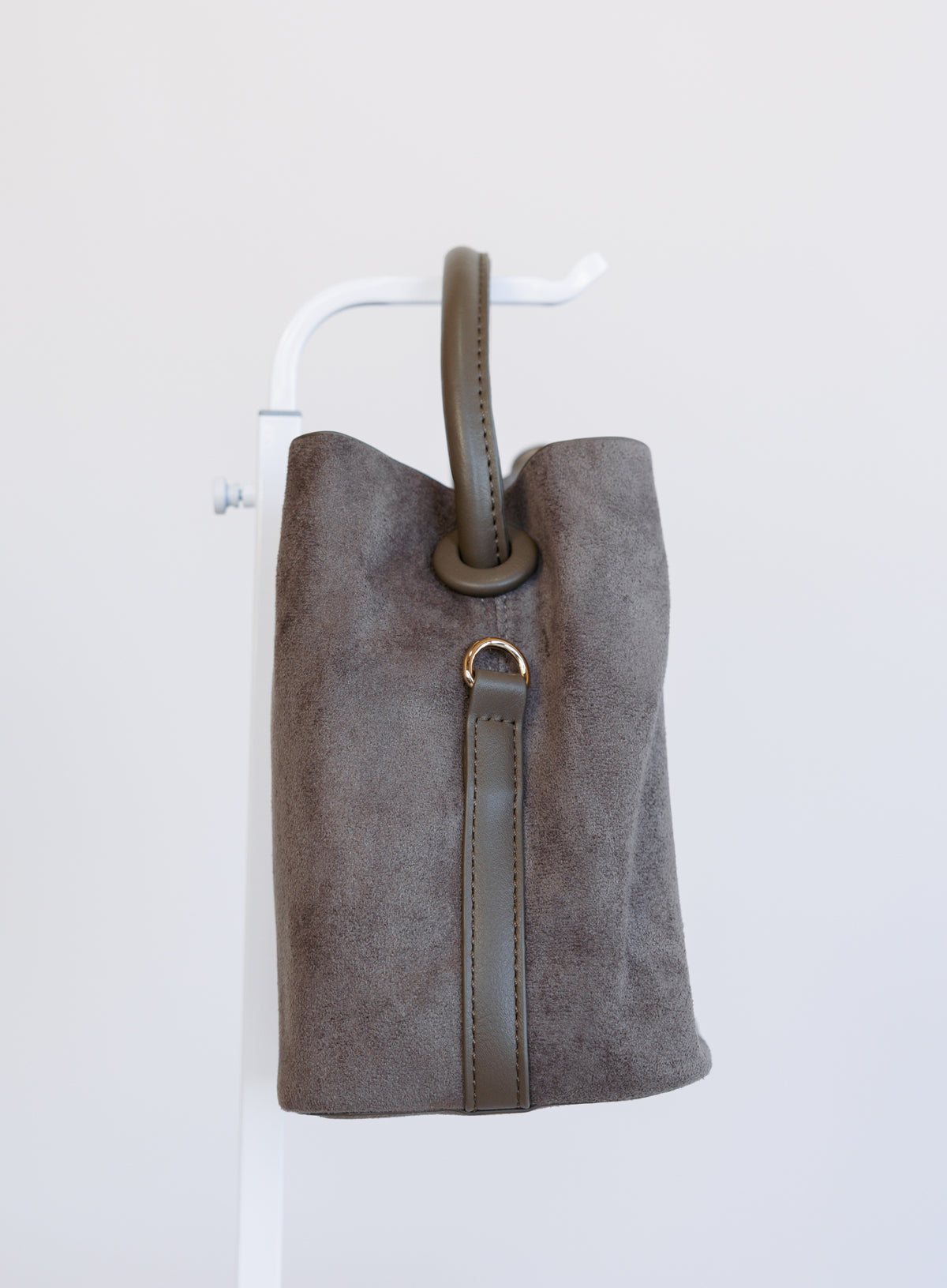 Lucia Bag in Taupe, a slouchy suede hobo bag with a rounded top handle