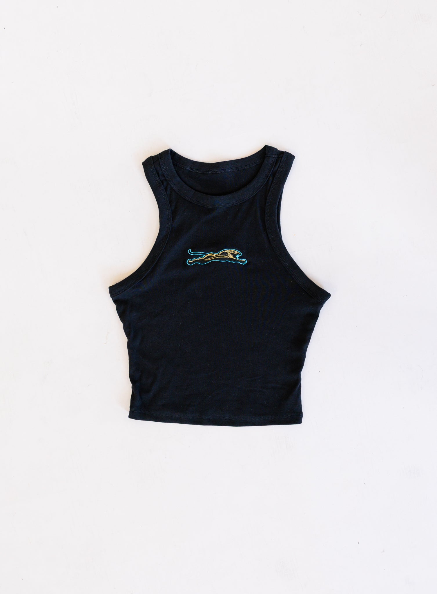 Jags Embroidered Crop Tank, a jet black high-neck crop tank with a teal and gold embroidered jaguar