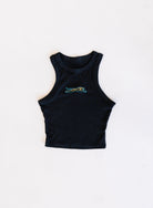 Jags Embroidered Crop Tank, a jet black high-neck crop tank with a teal and gold embroidered jaguar
