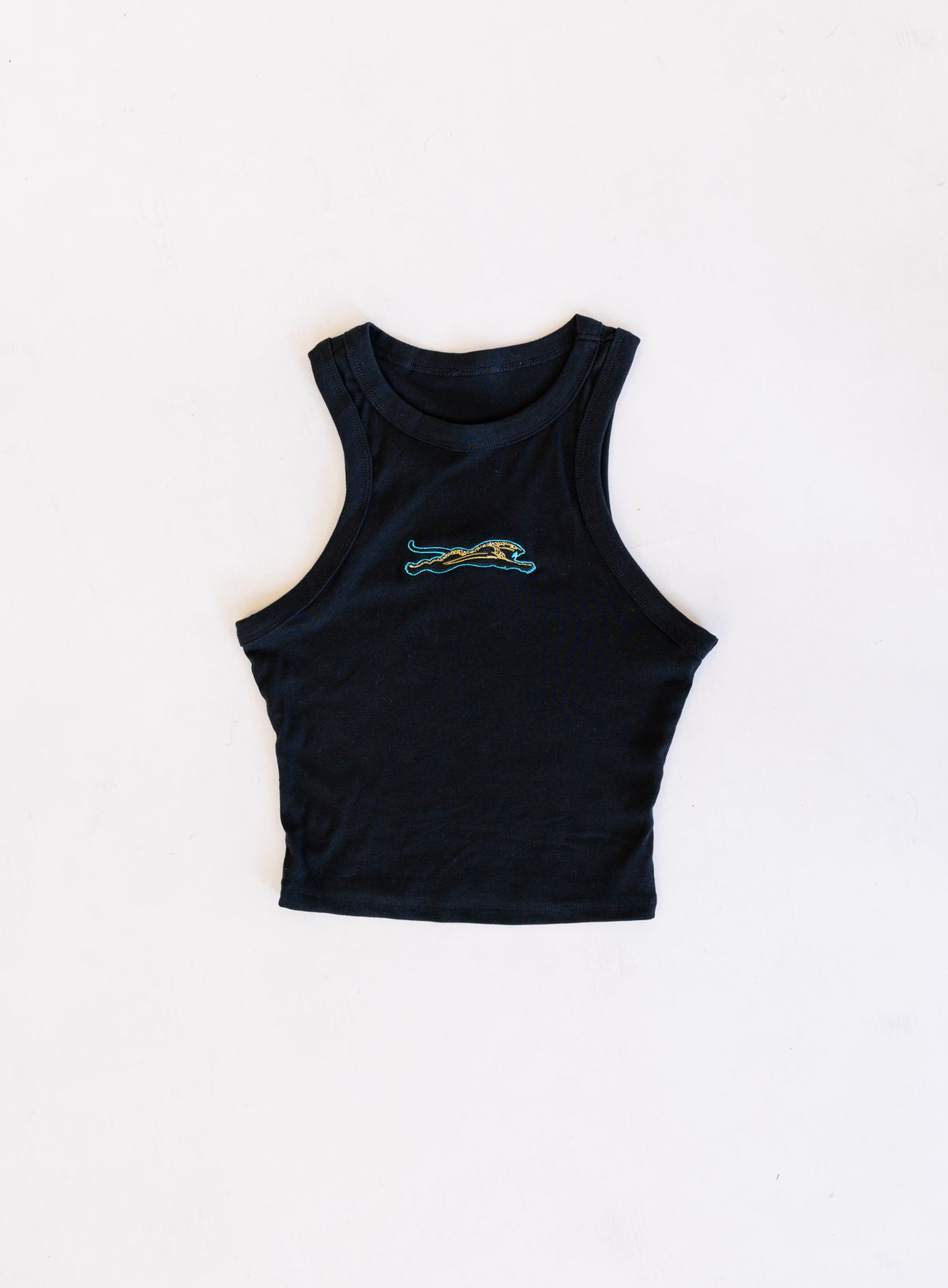 Jags Embroidered Crop Tank, a jet black high-neck crop tank with a teal and gold embroidered jaguar