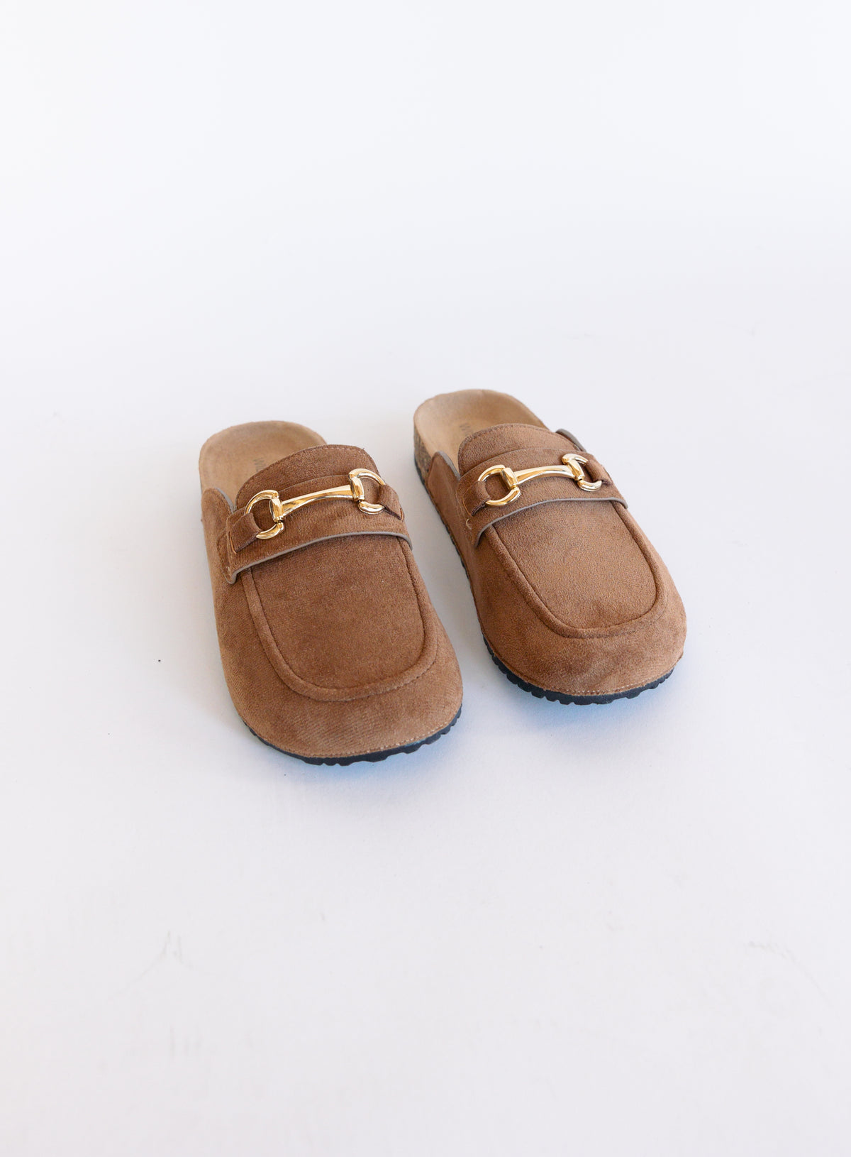 Shiloh Suede Loafer Mules, backless suede-look moccasin mules with a horsebit accent