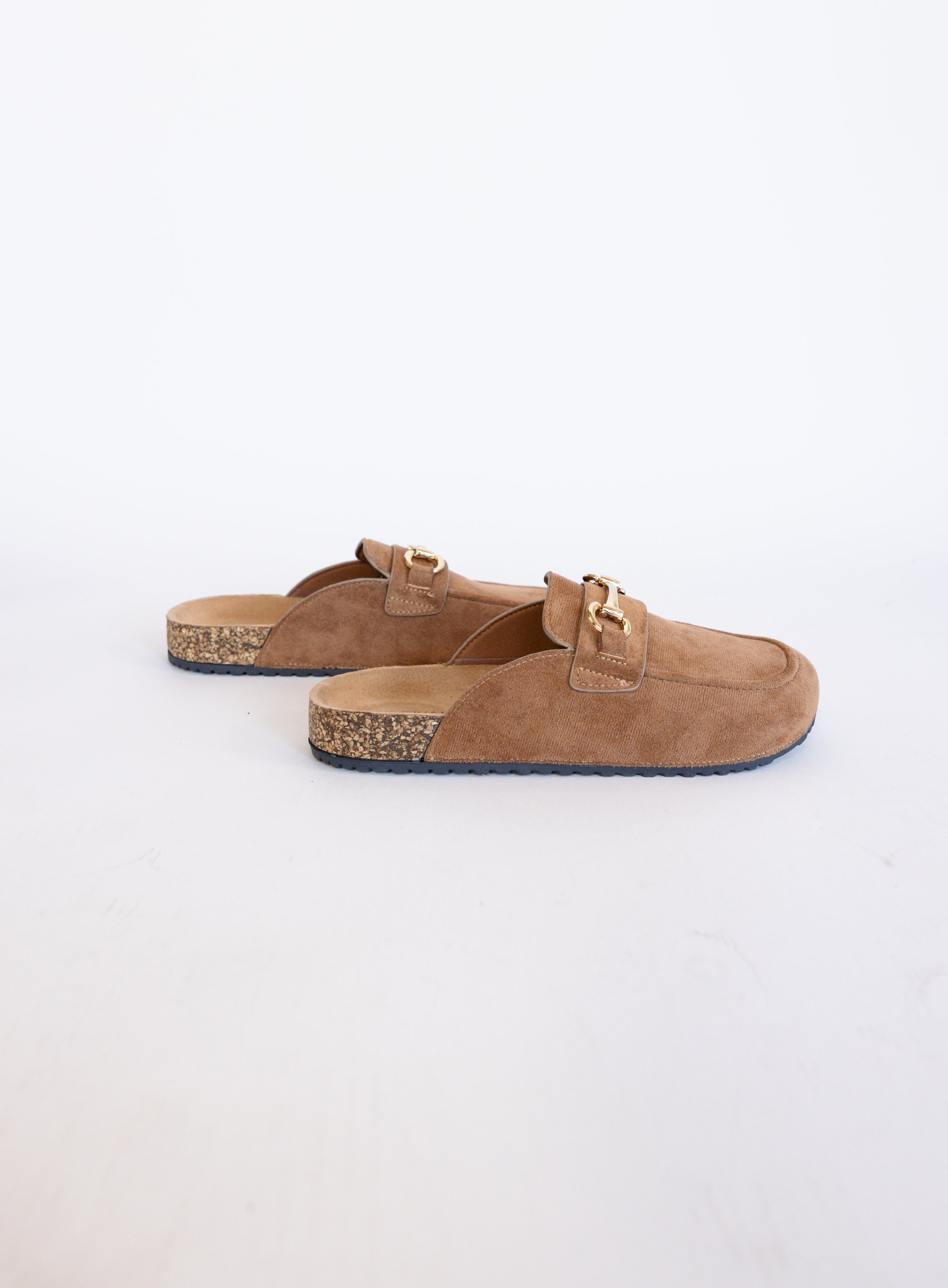 Shiloh Suede Loafer Mules, backless suede-look moccasin mules with a horsebit accent