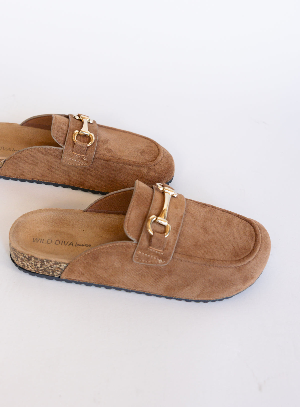 Shiloh Suede Loafer Mules, backless suede-look moccasin mules with a horsebit accent