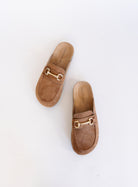 Shiloh Suede Loafer Mules, backless suede-look moccasin mules with a horsebit accent