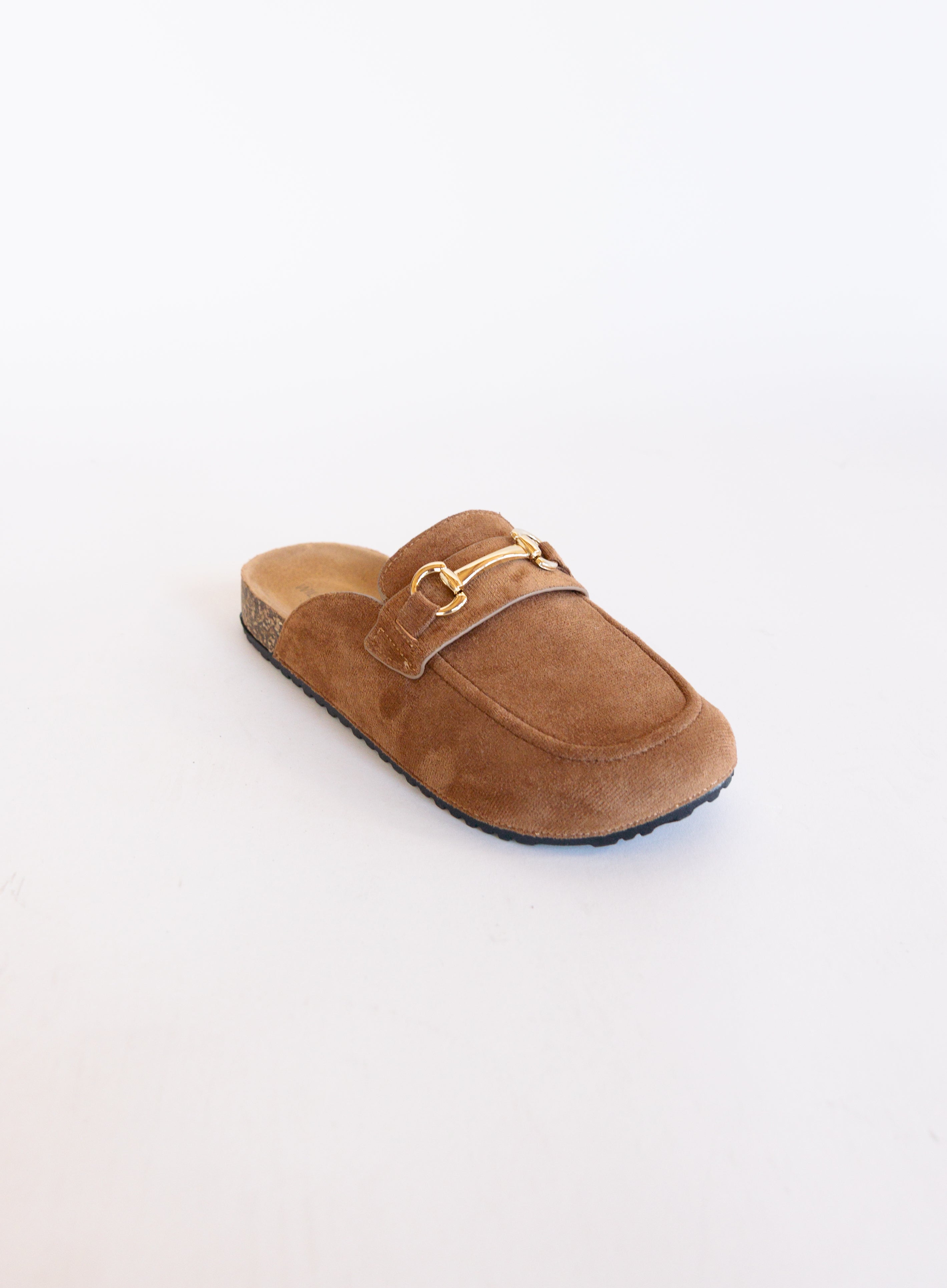 Shiloh Suede Loafer Mules, backless suede-look moccasin mules with a horsebit accent