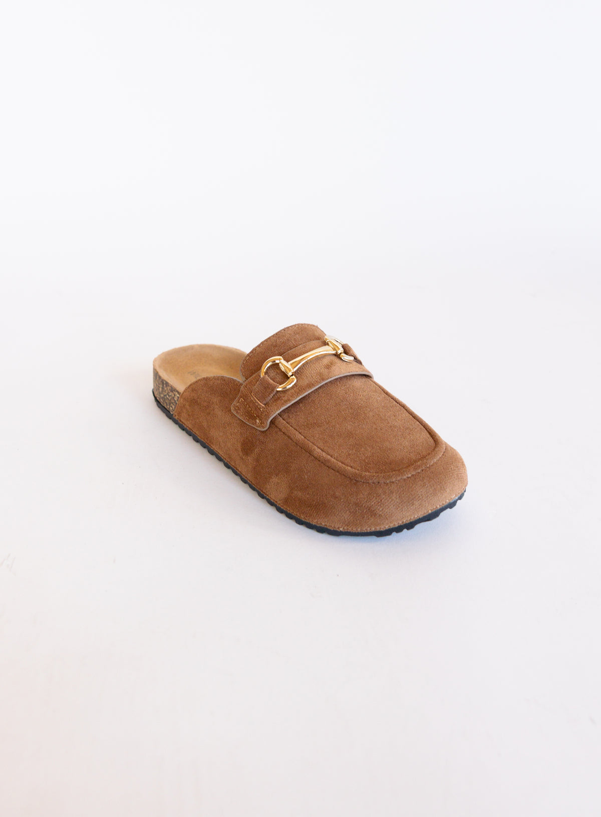 Shiloh Suede Loafer Mules, backless suede-look moccasin mules with a horsebit accent